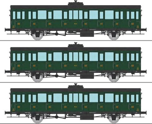 REE Modeles VB-286 - French PO Railroad Set of three 3 x 15 meters 3rd class compartment coaches C8S n° 31048, 31050 and